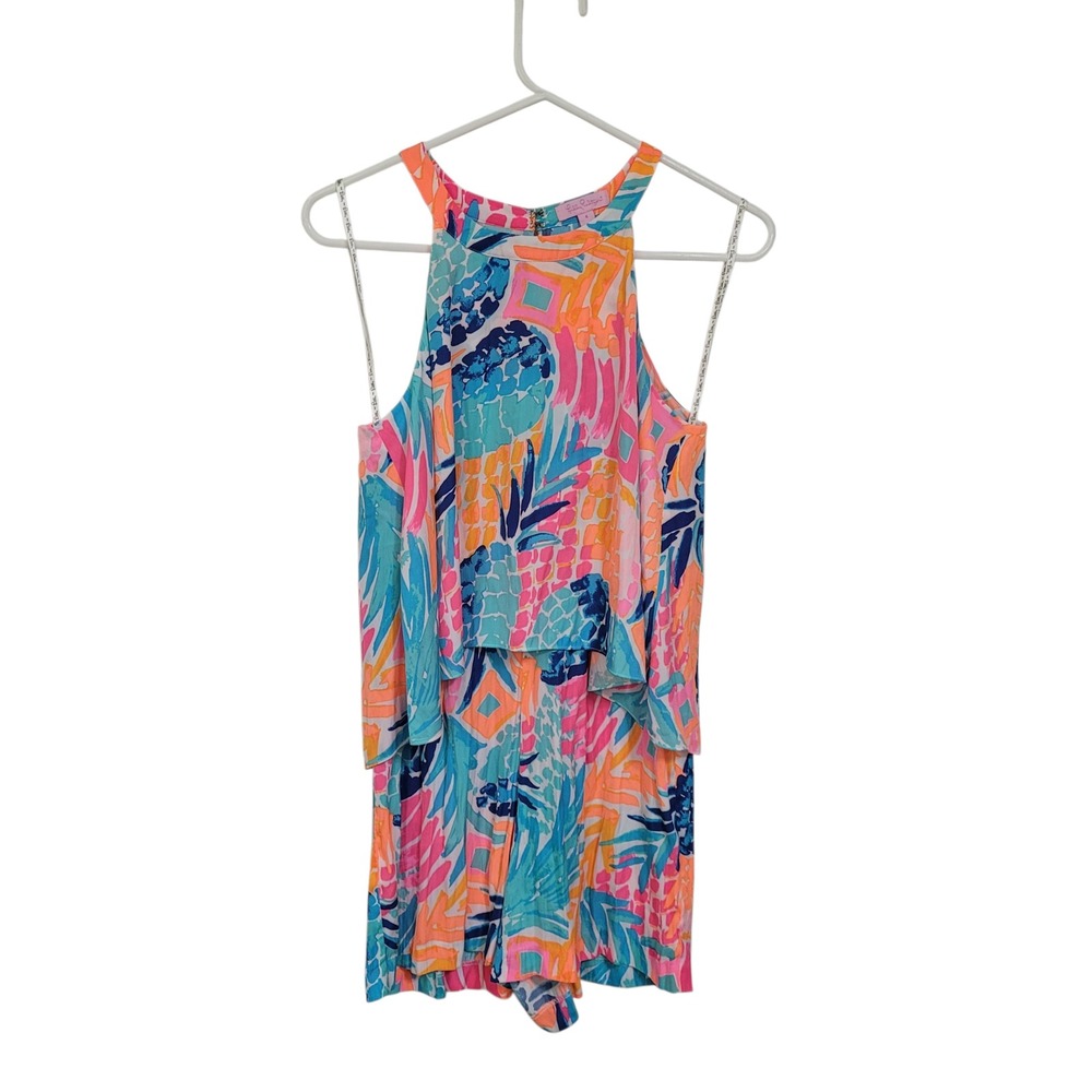 Lilly Pulitzer Edona Romper Multi Pineapple Popover Halter Pink Blue Size 4